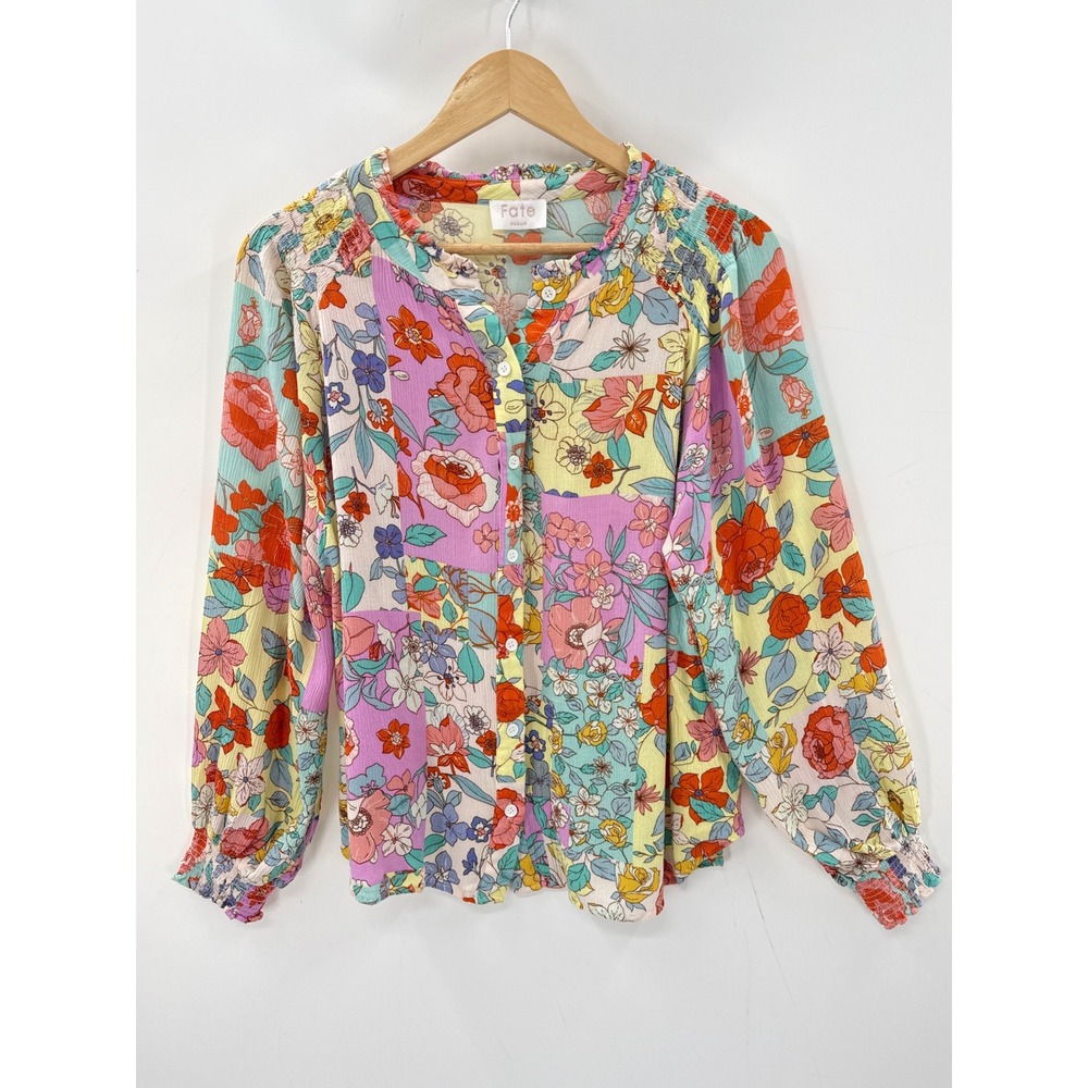 Fate Blouse M Multicolor Patchwork Floral Boho Long Sleeve Peasant Romantic